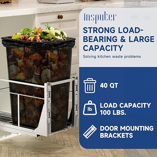 Pull Out Trash Can Under Cabinet with Push to Open Slides, Insputer Heavy Duty Under Sink Garbage Can Kit for Kitchen, Laundry, Not Included Bin, Requires 15" W X 18" D Cabinet, has Installation video