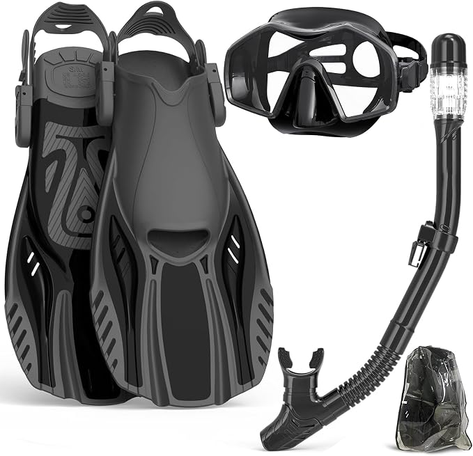 Snorkeling Gear for Adults,Mask Fins Snorkel Set,Panoramic View Diving Mask Anti-Fog,Dry Snorkel,Adjustable Swim Flippers and Travel Bag,Adults Snorkel Gear for Swimming Snorkeling Diving