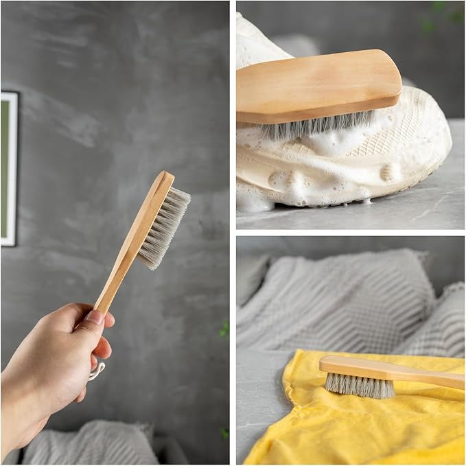 2PCS Wood Laundry Brush, Long Handle Clothing Stain Remover Scrubber, Soft Bristle for Scrubbing Out Tough on Delicate, Easy to Grip Hand Washing Clothes