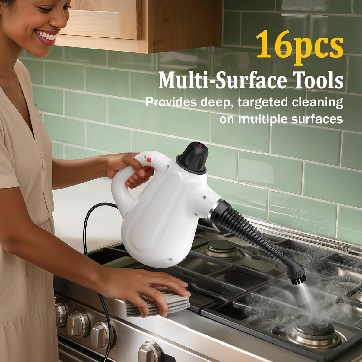 Pressurized Handheld Steam Cleaner with Steam Lock Button & 16 PCS Accessories, Portable Natural Steamer for Deep Cleaning Grout, Tile, Windows, Bathrooms, Kitchens, Car, Fabric for Home Use