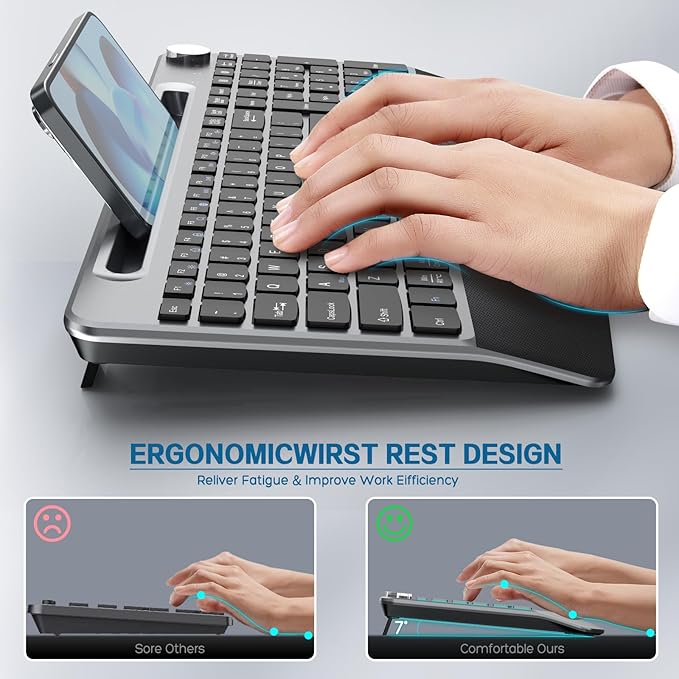 JOYACCESS Ergonomic Wireless Keyboard with Wrist Rest, Low-Profile,Phone Holder,2.4GHz Full Size Silent Cordless USB Computer Keyboard for Windows, Mac OS Desktop/Laptop/PC-Black Grey