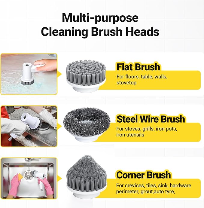 Electric Spin Scrubber, 3000 mAh Cordless Power With 8 Replaceable Heads, Dual Speed Lightweight Handheld for Cleaning Stove/Bowl/Sink/Corner/Tile/Grout (White)