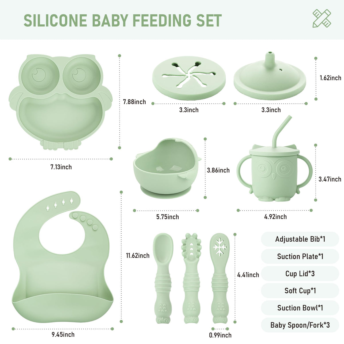 Bnditeu Baby Weaning Set, Silicone Feeding Set(10 Pcs), Toddler Set with Adjustable Bib, Suction Bowl, Plate, Fork, Spoon, Water & Snack Cup Kit, Led Kit for Babies, and Kids Green GJTZ-04