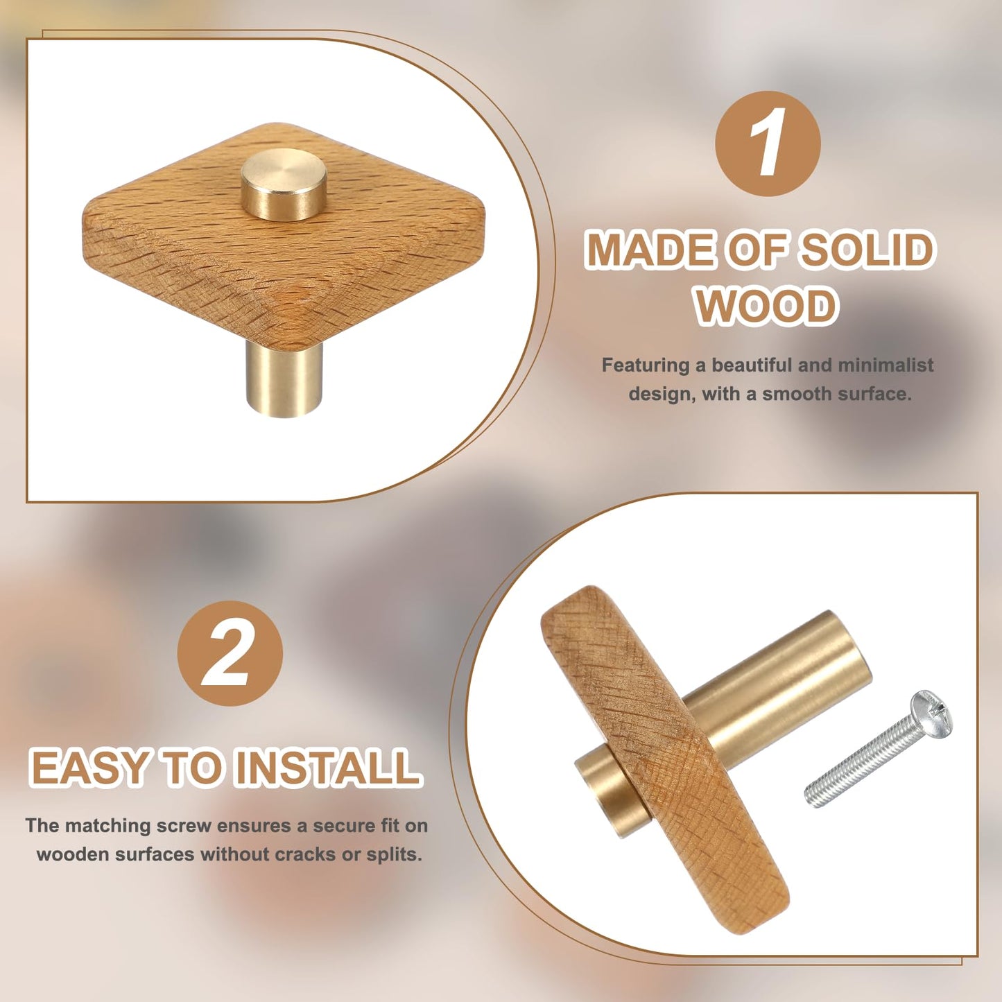 uxcell 6 Pcs Wood Cabinet Knobs, 2.2 Inch Rhombic Single Hole Wooden Drawer Knobs Mushroom Shape Handle Pulls with Screws for Furniture Closet Dresser, Copper Wood Color