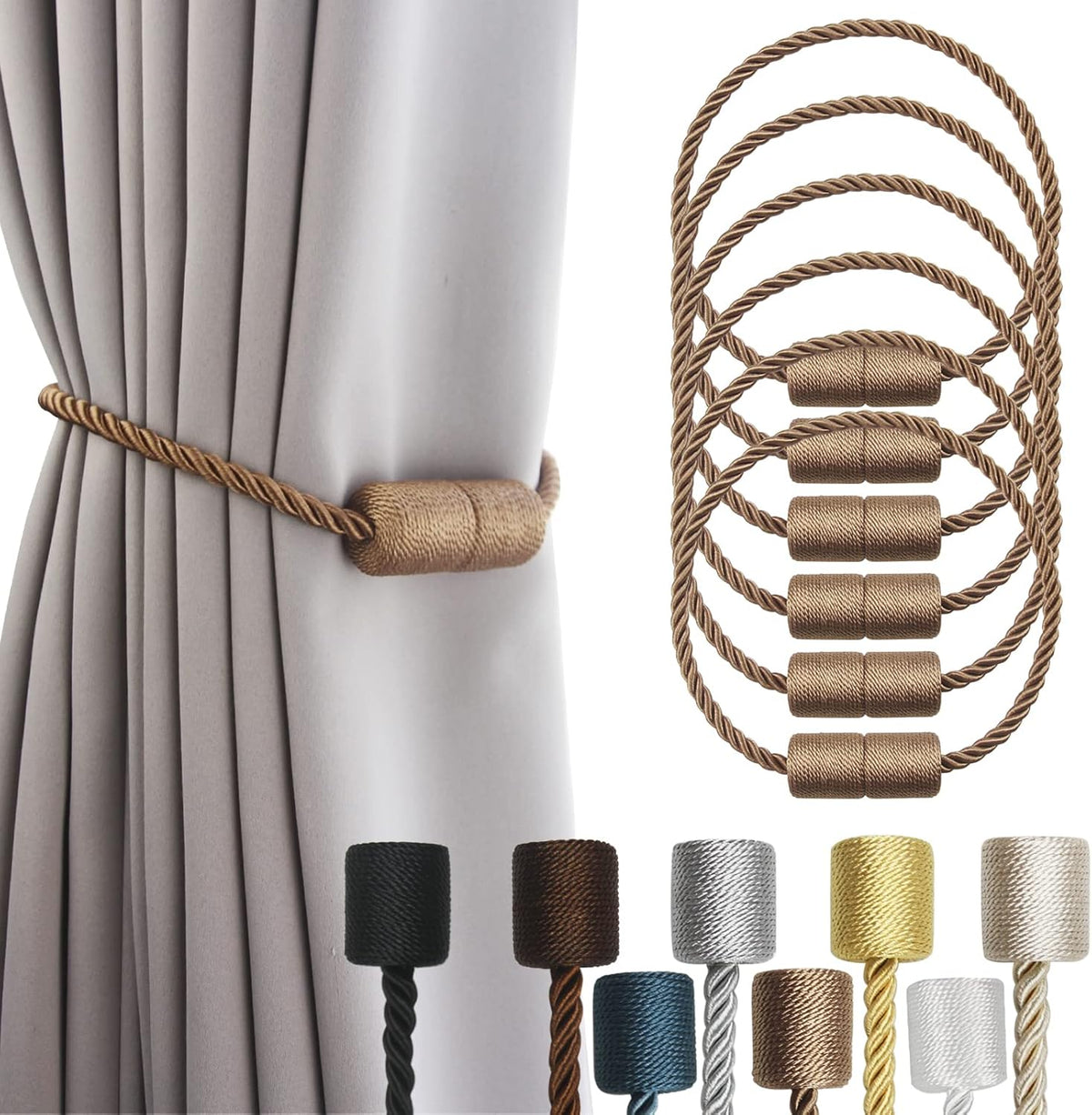 6 Pack Khaki Strong Magnetic Curtain Tiebacks Outdoor Elegant Decorative Tie Backs Modern Rope Tiebacks for Drapes Window Curtain Holdbacks for Draperies