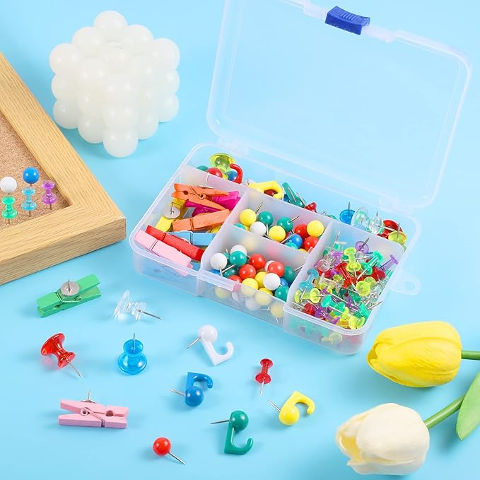 200 Pieces Push Pins Set, Thumb Tacks Multicolor Pushpin Clips Decorative Push Pins for Cork Board, 5 Style for Bulletin Boards Wall Maps Pictures Office Home Supplies