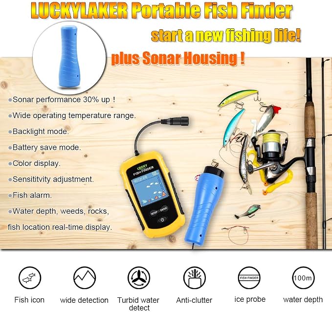 LUCKYLAKER Ice Portable Fishing Fish Finder Wired Handheld Fishing Finders Kayak Sonar Sensor Fish Finder Transducer Depth Finder LCD Monitor for Boat Canoe