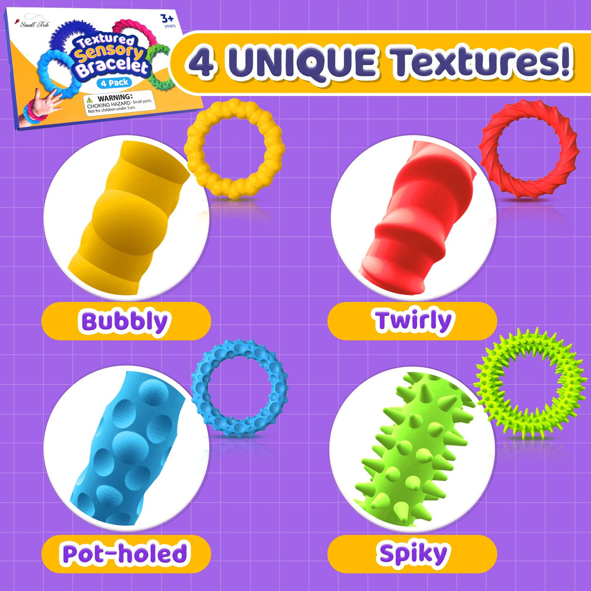 Sensory Fidget Toys for Kids Adults - 4 Pack Stretchy Fidget Bracelet | Texture & Calming Autism Sensory Toys for Special Needs Autistic Children | Calm Down Toy for Toddler Girls Boys