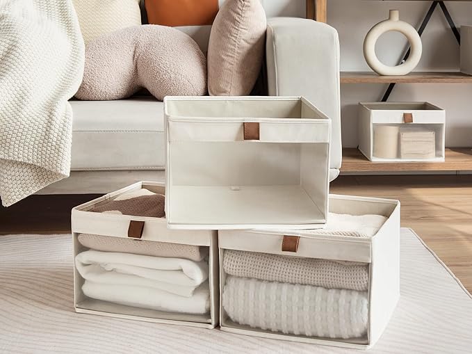 StorageWorks Closet Storage Bins, Large Storage Baskets with Clear Window and Handles, Foldable Fabric Organizer for Clothes, Shelves, Beige, 3 Pack