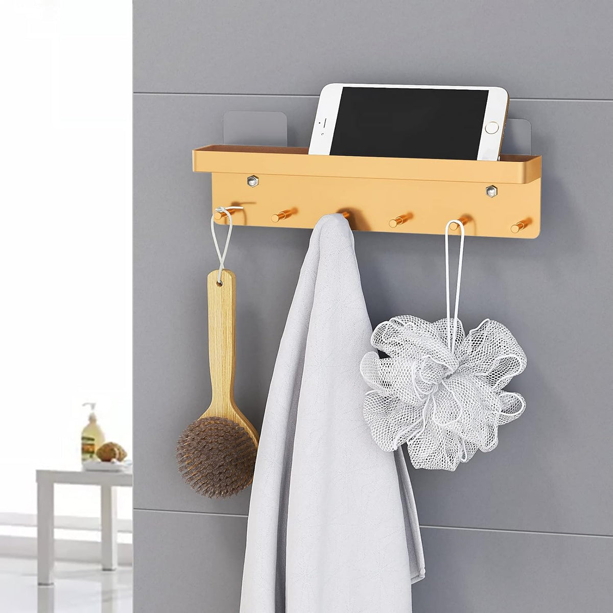 MKO Key Holder for Wall, Mail Organizer and Key Rack with Tray for Hallway, 6 Key Hooks Wall Mount Adhesive(Gold)