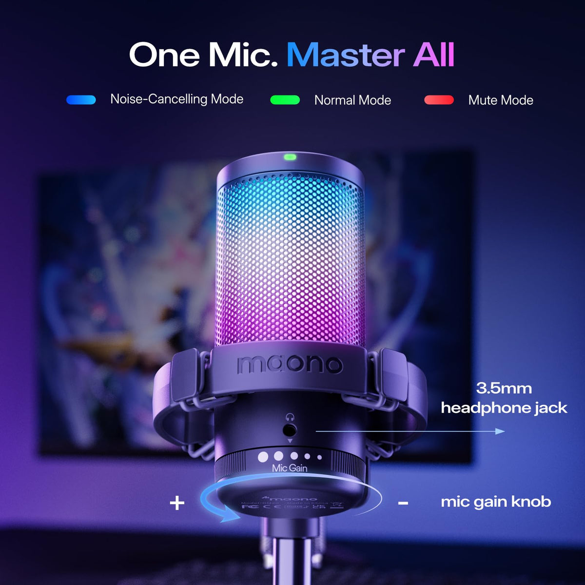 MAONO Gaming USB Microphone, Noise Cancellation Condenser Mic with Mute, Gain, Monitoring, Boom Arm Mic for Streaming, Podcast, Twitch, YouTube, Discord, PC, Computer, PS4, PS5, Mac, GamerWave DGM20S