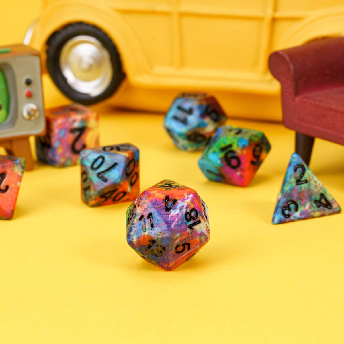 HDdais 7-Die Resin DND Dice Set, Vibrant Watercolor Pattern D&D Dice for Dungeons and Dragons, RPG Tabletop Games - Includes D4, D6, D8, D10, D12, D20, D%