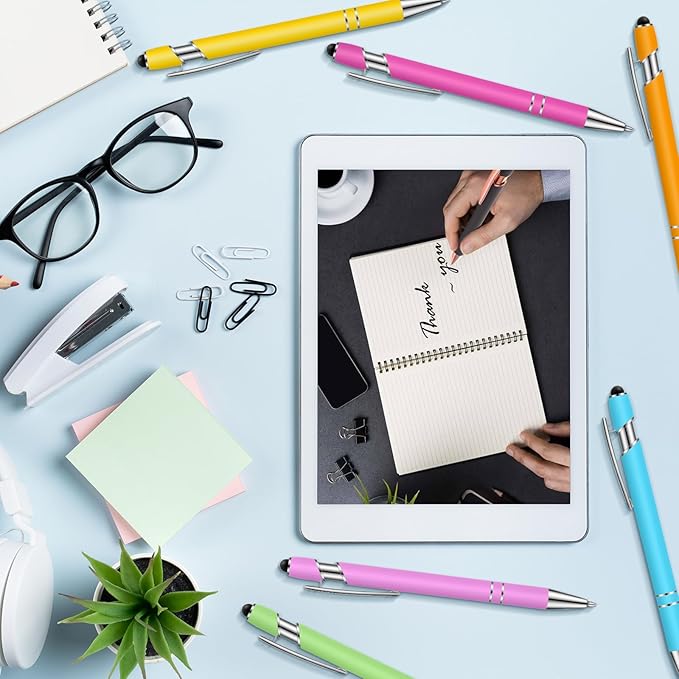 Tenare 12 Pieces 2 in 1 Stylus Metal Ballpoint Pen with Stylus Tip, 1.0 mm Black Ink Ballpoint Pen for Touch Screens(Light Color)