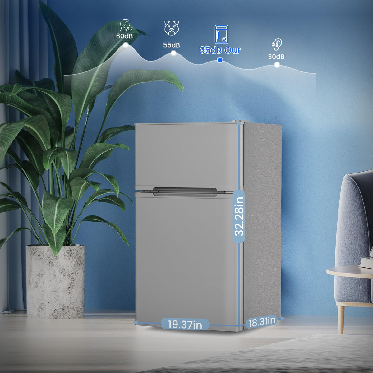 Electactic 3.1 Cu.Ft Small Fridge with Freezer, Compact Refrigerator with 2 Doors, Mini Fridge with Adjustable Removable Glass Shelves for Bedroom, Dorm, Office or Apartment,Grey