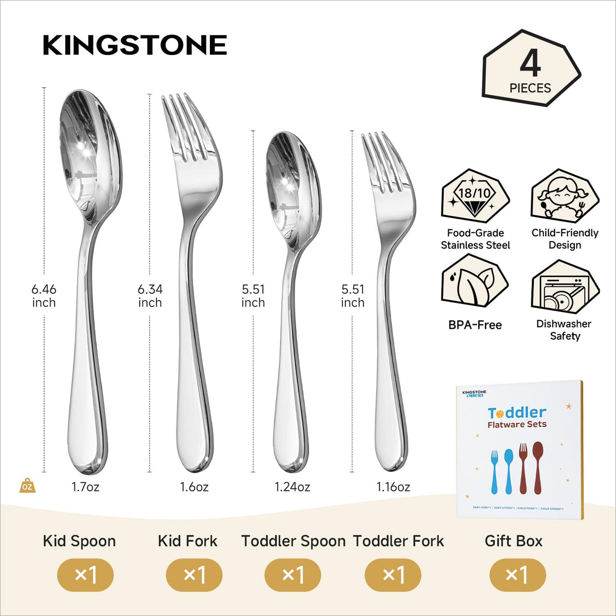 KINGSTONE Toddler Utensils Set, 4 Piece Forks and Spoons Gift Set, Small and Large Kids Silverware Sets, 18/10 Stainless Steel Food Grade Flatware Sets, Dishwasher Safe, Mirror Polished