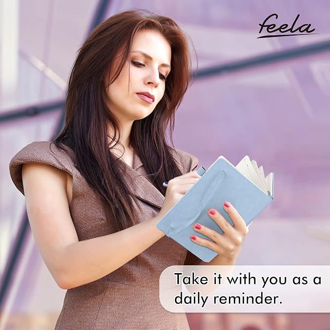 feela 12 Pack Notebooks Journals Bulk, Hardcover Notebook Classic Ruled Lined Journals with Pen Holder for Women Girls School Business Supplies, with 12 Black Pens, 120 GSM, 5.1”x8.3”, A5, Light Blue
