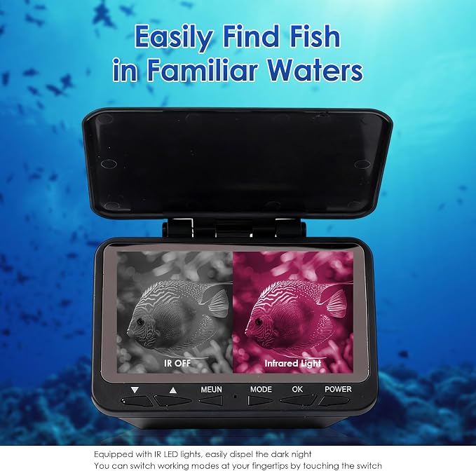 Underwater Fishing Camera, 4.3" HD DVR Portable Fishing Camera 140-Degrees Wide Angle 1200TVL Fish Finder with 8pcs IR Lights for Boat, Lake, Ice Fishing(15M/50ft)