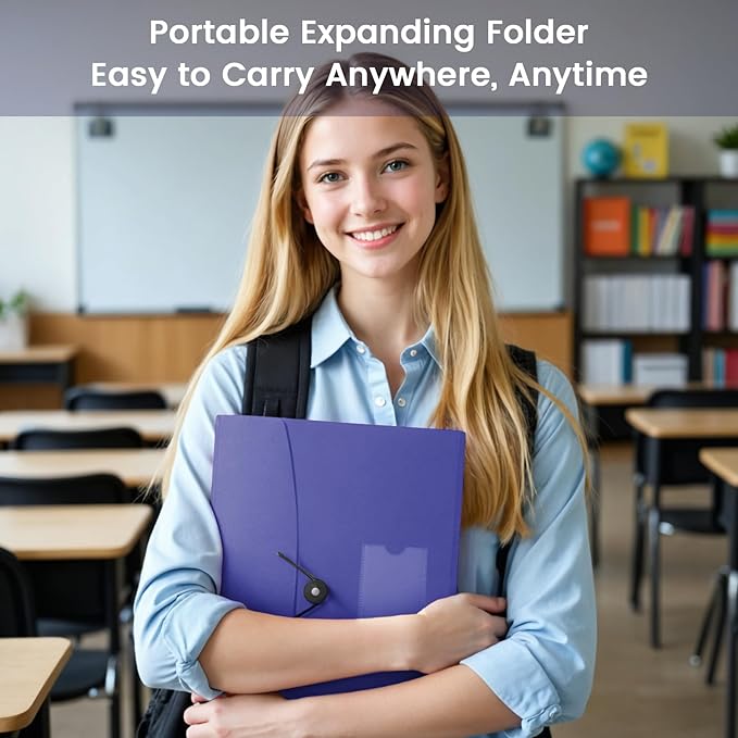 13 Pocket Accordion File Organizer with Elastic Closure, Expanding File Folder for Letter Size A4 Papers, Ideal for Home, Office Supplies, College Essentials - BluePurple