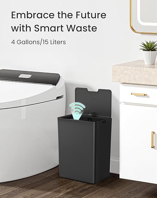 Cesun 4 Gallon Bathroom Trash Can with Lid, Small Automatic Trash Can, Touchless Motion Sensor Garbage Can, Black Plastic Waste Basket for Bathroom, Bedroom, Toilet, Office, Rv