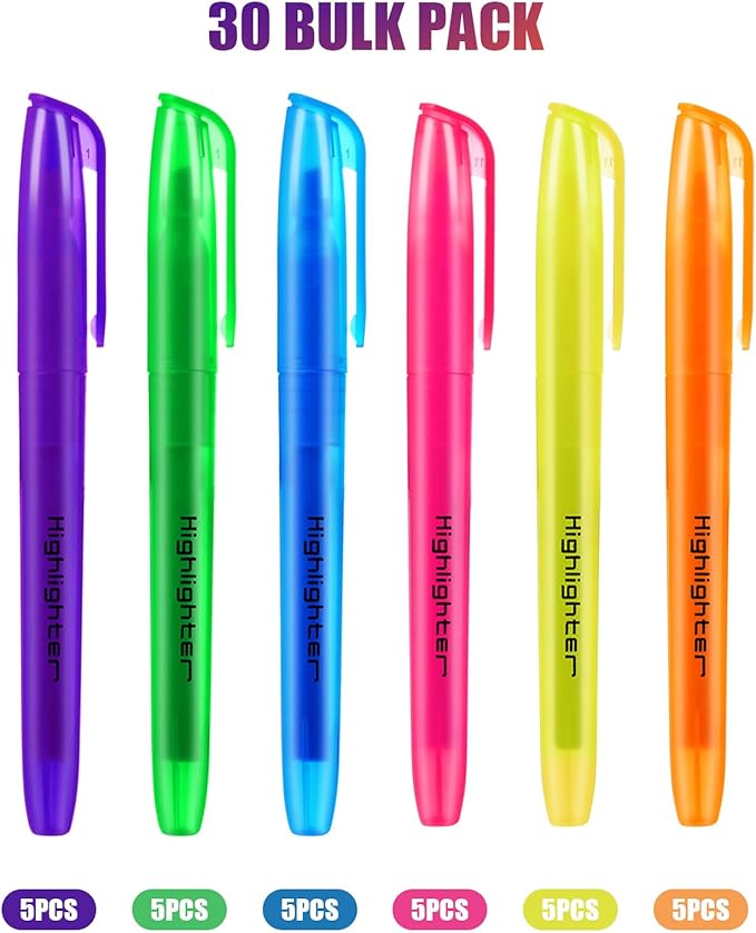 Highlighters Assorted Colors Bulk, 30 Pcs Pastel Highlighters Bulk with 6 Colors, Colored Highlighters for Office and School Supplies