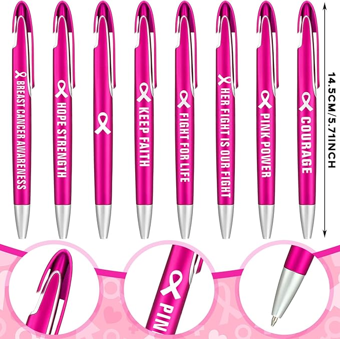 Lincia 100 Pcs Breast Cancer Awareness Ballpoint Pens Bulk Retractable Medium Point Pens with Black Ink Inspiration Thank You Gifts for Teacher, Back to School, Christmas