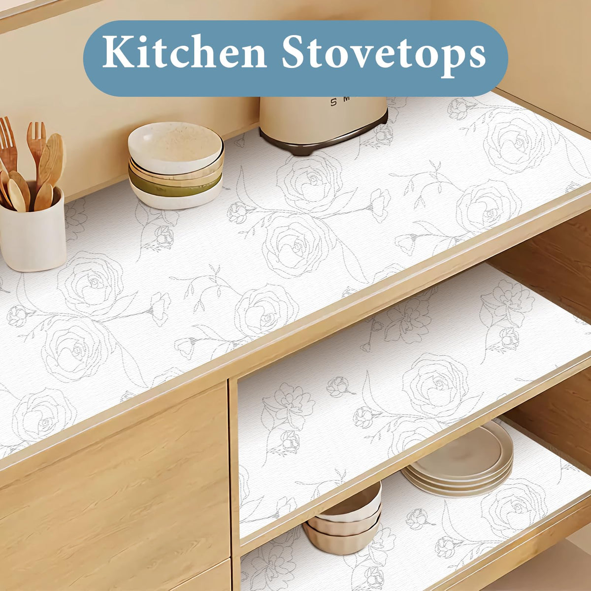 Shelf Liners for Kitchen Cabinets 12in x 20FT Non Adhesive Drawer Liner Sliver Floral Thickened Shelf Liner Paper Strong Non-Slip Easy to Clean for Tool Box Refrigerator with Knife and Tape Measure