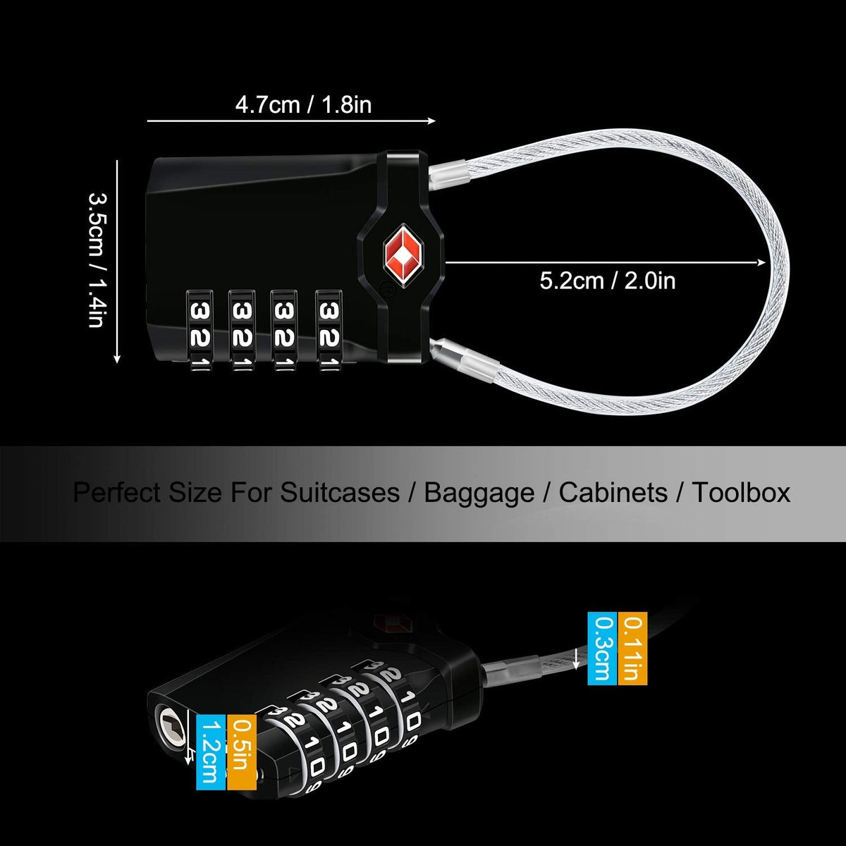 2 Packs TSA Luggage Locks with 14cm Flexible Cable, Diyife 4-Digit Combination Lock Security Padlock Travel Lock for Suitcase Luggage Backpack School or Gym Cabinet, etc. (Black & Sliver)