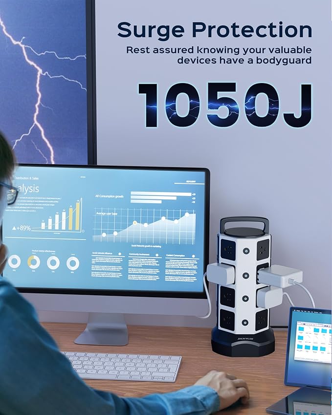 Power Strip Tower Surge Protector - JACKYLED 16 AC Outlets(13A) 6 USB Ports Electric Charging Station, 1050J Surge Electric Tower, 1625W Outlet Extender, 6.5ft Heavy Duty Extension Cord for Home