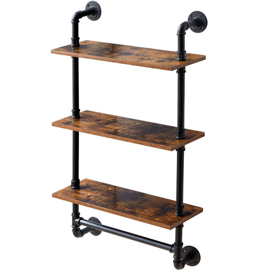 IBUYKE Industrial Pipe Shelf,40.5 inches Wall Mount Bookcase,3-Tier Wall Shelf with Towel Bar,Rustic Iron Pipe Floating Shelvesfor Bedroom,Kitchen,Living Room,Bathroom URF-TM015