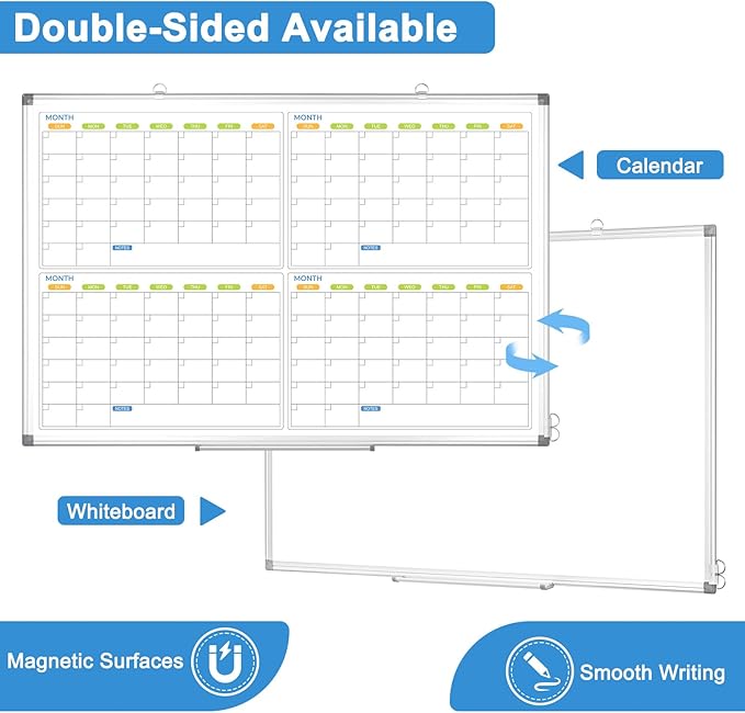 Dry Erase Calendar for Wall 4 Month, WALGLASS 48" x 36" Large Double-Sided White Board Calendar, Dry Erase Monthly Whiteboard, Silver Aluminum Frame Hanging Wall Mounted Board for Office Home School