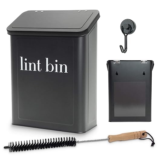 Magnetic Lint Bin for Laundry Room Organization and Storage, Includes Magnetic Hook & Lint Brush, Wall-Mounted Laundry Dryer Bin for Laundry Room Decor, Space-Saving Trash Can (Matte Black)