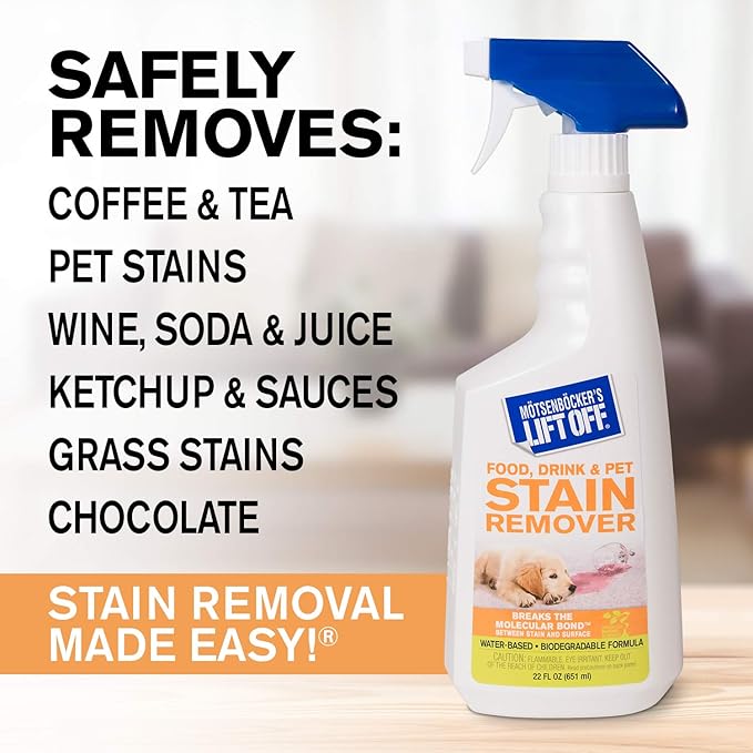 Motsenbocker's Lift Off 40501 Food, Drink, and Pet Stain Remover Spray Eliminates Tough Stains from Multiple Surfaces, Excellent as a Pre-Wash Laundry Treatment, Water-Based, 22 Fl Oz, Pack of 1