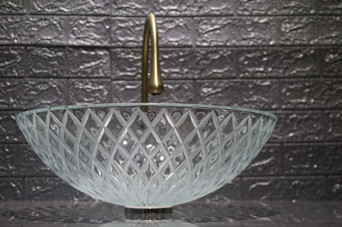 Fanwin Star Tempered Deco Glass Luxuryhome Bathroom Sink in Crystal engraving Elegant | Top Mount Basin | Vanity Countertop Sink Bowl with Pop Up Drain |Surface Finish Glossy | FW-LA659
