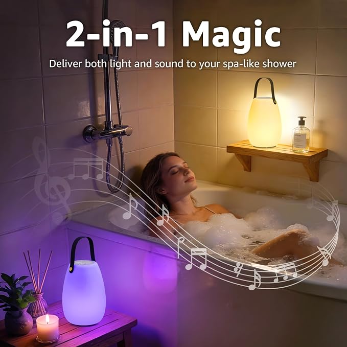 FUYO Shower Lamp with Speaker 16 Colors with Remote, Shower Lights Waterproof, Bluetooth Speakers with Lights Dual Pairing HD Stereo Sound for Indoor Outdoor Bathroom Party Pool Patio (2PCS-Tally)