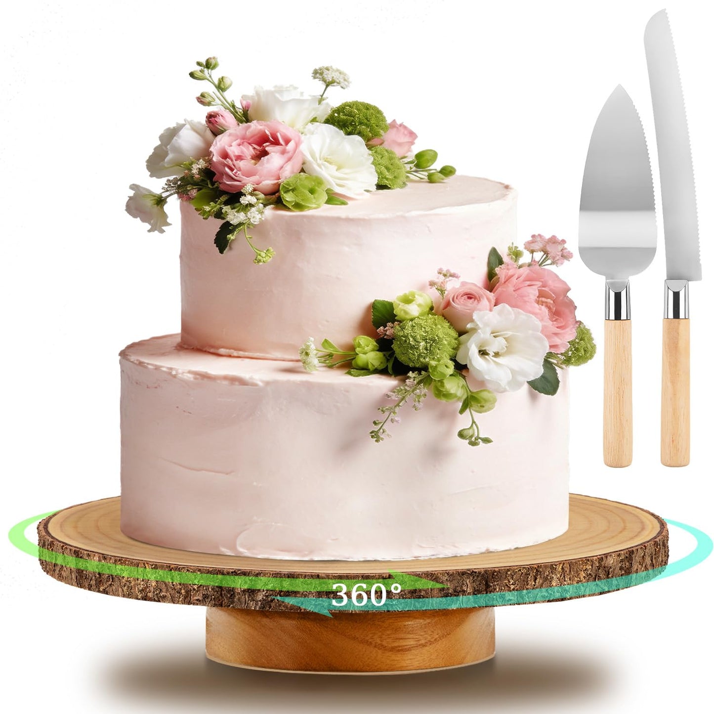 YICMY 12" Rotating Wood Cake Stand with Cake Cutting Set (Knife and Server) - Rustic Wooden Cake Turntable for Decorating, Party, Wedding, Baby Showers, Reception, Event - Ideal Baking Gift & Decor