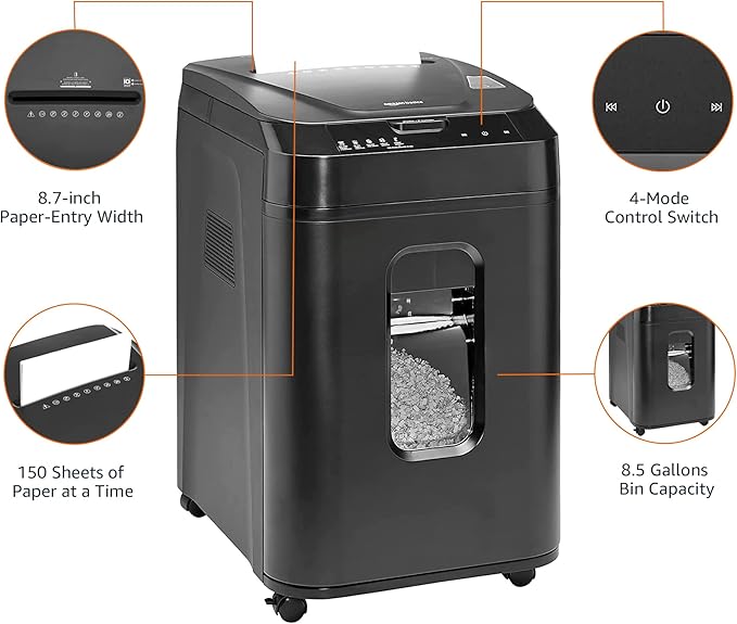 Amazon Basics 150 Sheet Autofeed Micro Cut Paper Credit Card Shredder for Security, Black