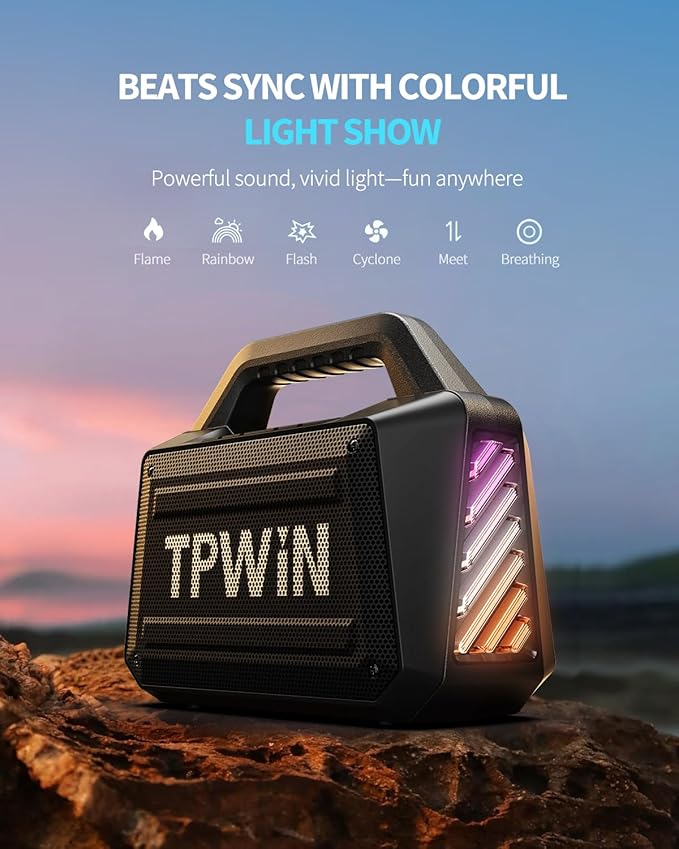 Bluetooth Speaker - 80W Loud Rugged Outdoor Speakers, IPX6 Waterproof, 20H Playtime, Deep Bass, Lightshow, TWS, BT 5.3 Wireless, Portable for Travel Hiking Camping Beach Pool - Black