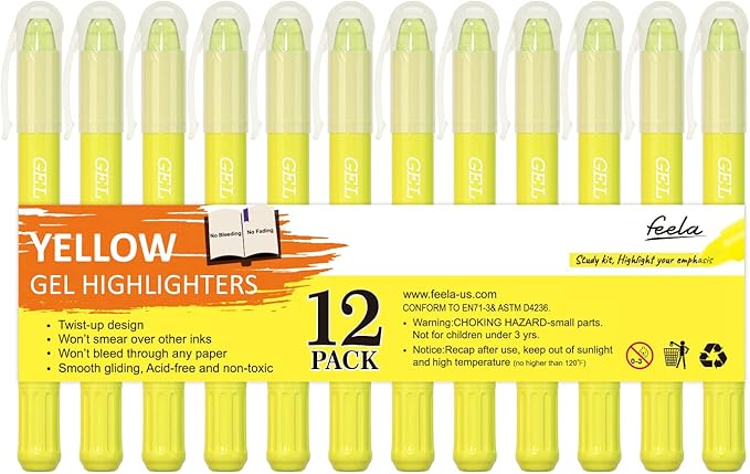feela 12 Pack Yellow Gel Bible Highlighters Markers Journaling Supplies, No Bleed Through For Highlighting Journal School Office
