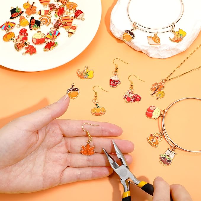 MARFOREVER 40Pcs/20 Pairs Fall Charms, Thanksgiving Charm for Jewelry Making, Autumn Pumpkin Maple Leaf Turkey Enamel Pendants for Bracelet Necklace Earrings Making Accessories