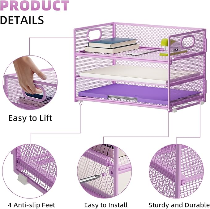 Marbrasse 3 Tier Paper Organizer Letter Tray, Mesh File Organizer with Handle, Paper Sorter Desk Organizer for Home Office Supplies - 2p Purple