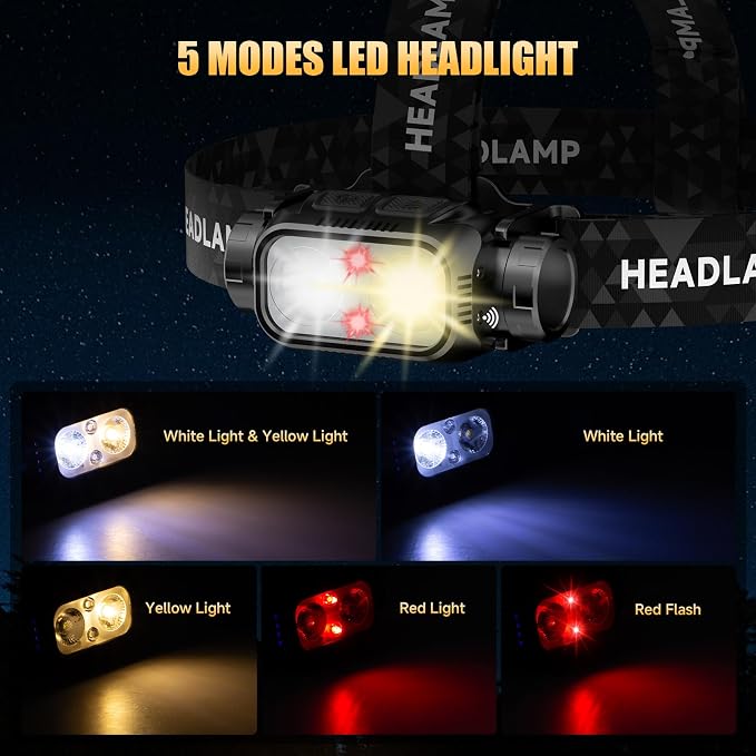 ATDOALL Rechargeable LED Headlamp, High Lumen Super Bright Head Lamp with Red Light, Motion Sensor, 5 Modes, 90° Adjustable, Waterproof Lightweight Headlamps for Adult Running, Camping, Fishing