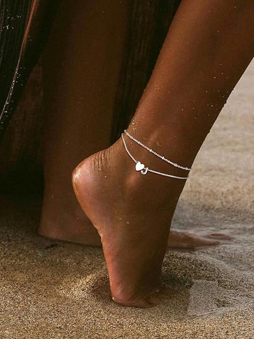 Suplight Stainless Steel Initial Ankle Bracelets for Women Layered Dainty Heart Anklet Beaded Anklets for Women Waterproof Plus Size Ankle Foot Chain Summer Essentials Jewelry(with Gift Box)