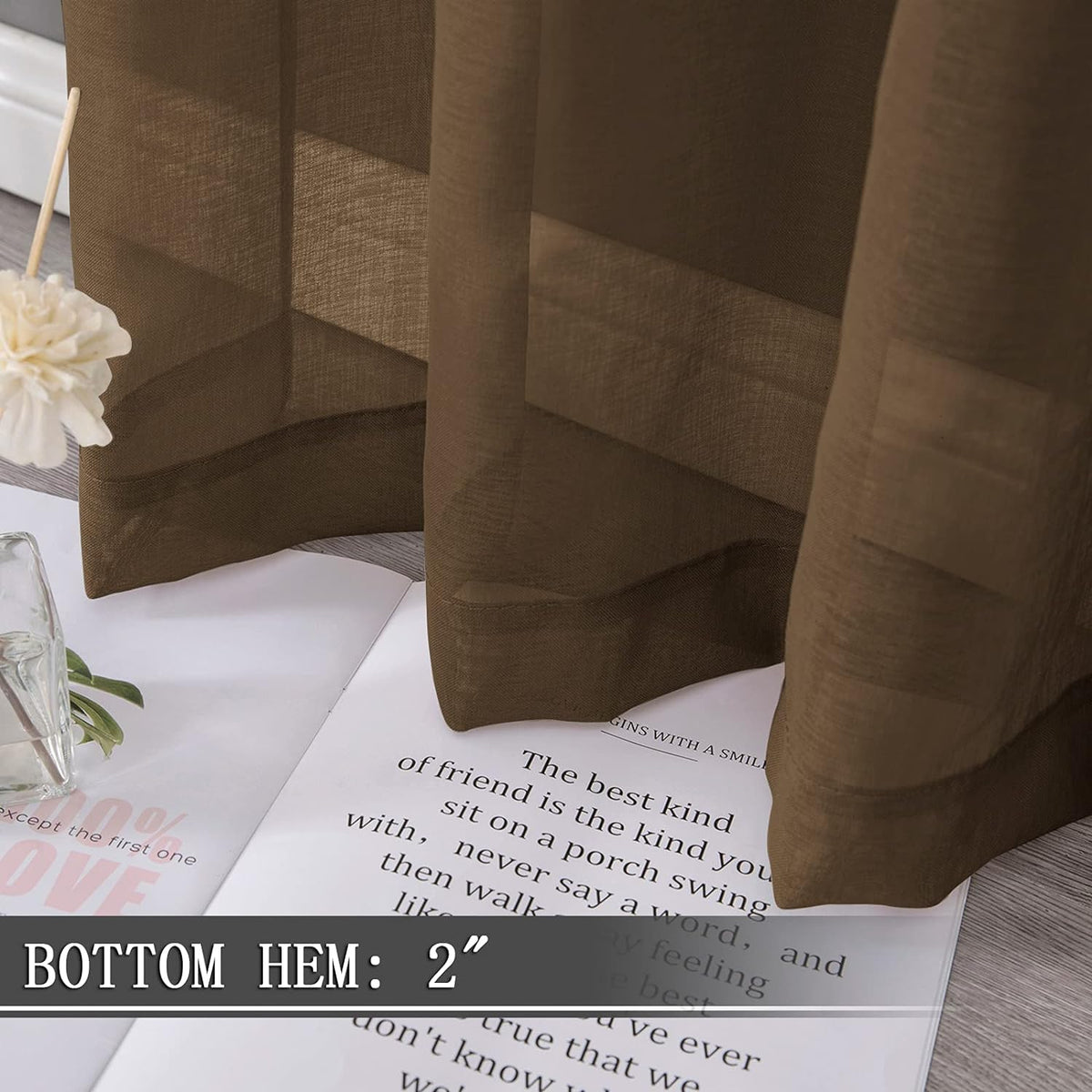 Tollpiz Sheer Curtains Linen Textured Living Room Curtain Sheers Light Filtering Rod Pocket Voile Curtains for Bedroom, 42 x 63 inches Long, Brown, Set of 2 Panels