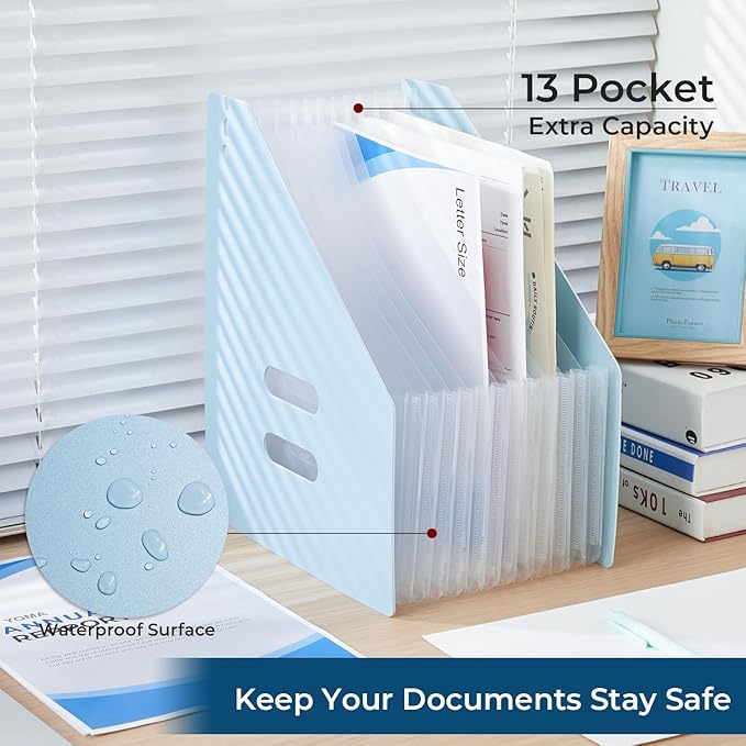 Y YOMA 2 Pack Expanding Magazine Holder with 13 Pockets | Portable Desktop Plastic Self Standing Accordion File Organizer for A4 Letter Size Document Storage Home Office School, Blue