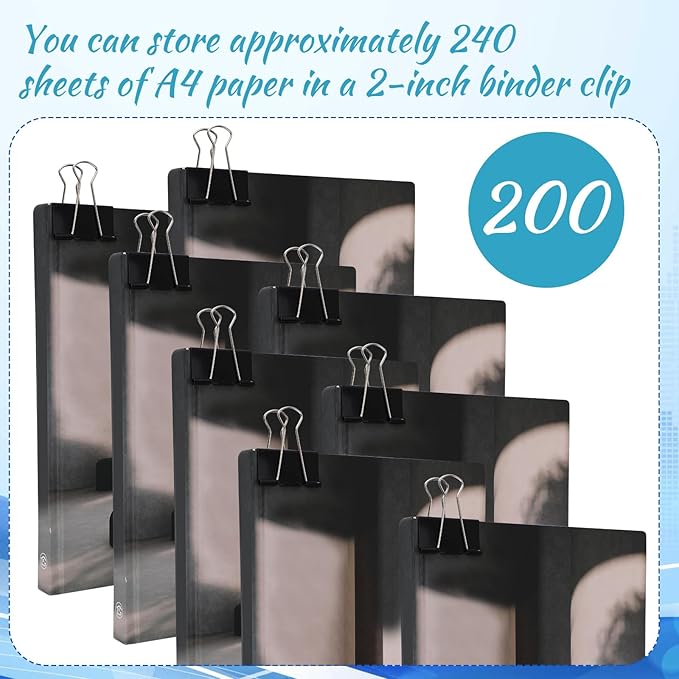 Jetec 200 Pcs Extra Large Binder Clips Bulk 2 Inch Metal Jumbo Binder Clips Office Supplies Black Paper Clamps for Teachers Students Office Business Supplies