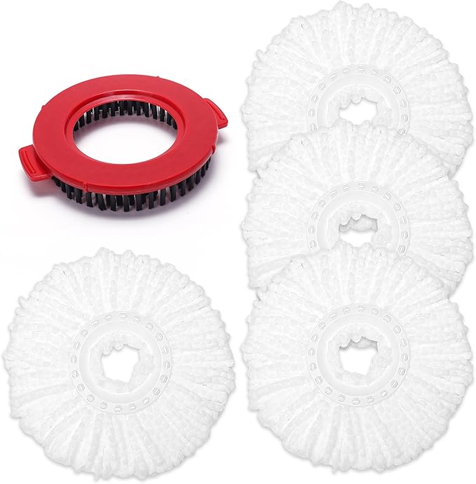 4-Pack White Mop Replacement Heads with 1 Spin Mop Scrub Brush - Microfiber Replacement Mop Heads Universal for 360°Spin Magic Mopping,Round Shape Standard Size