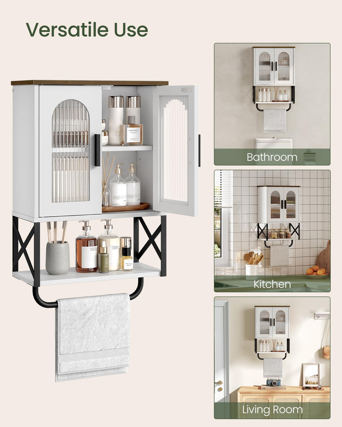 CHOEZON Bathroom Wall Cabinet, Medicine Cabinet with Adjustable Shelf and Towel Bar, Storage Cabinet Wall Mount with 2 Glass Doors, for Bathroom, Kitchen, Living Room, Dining Room, White and Walnut