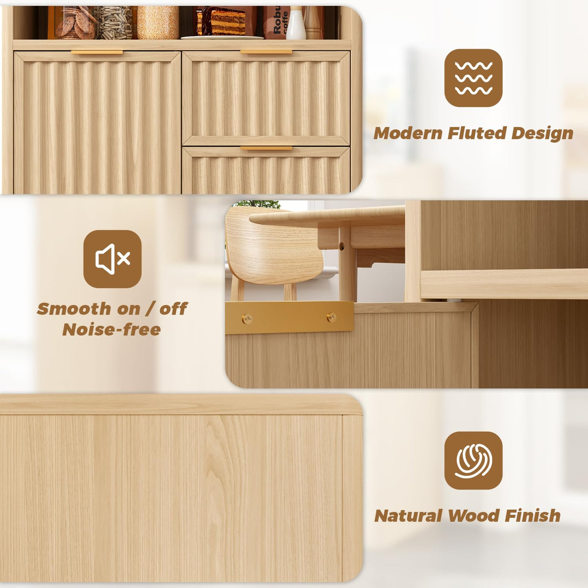 SMORBOSS Coffee Bar Cabinet with Storage, Fluted Buffet Sideboard Cabinet with 3 Drawers & Adjustable Shelf, Rounded Edge Modern Storage Cabinet for Dining Room, Kitchen, Living Room, Entryway, Oak