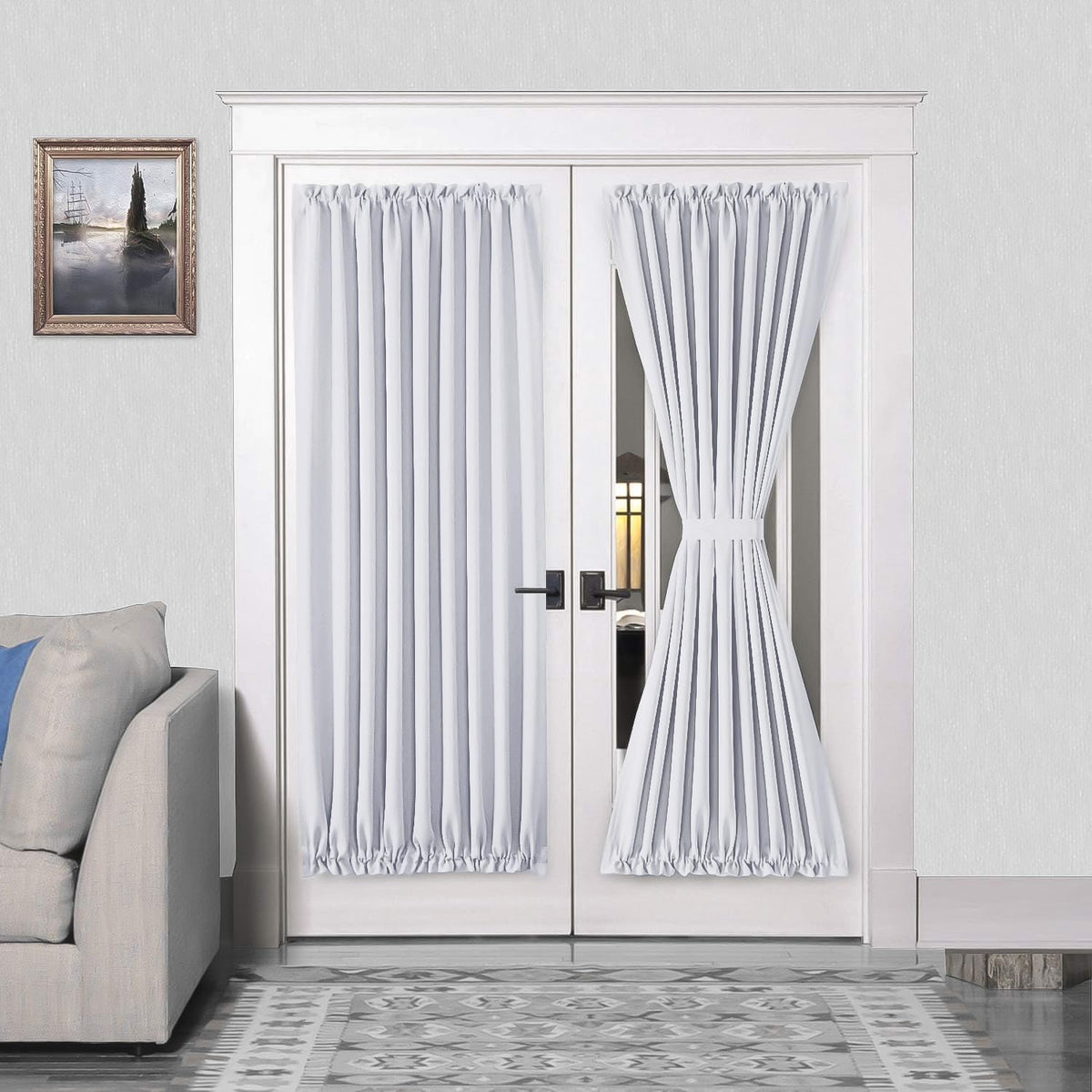 DWCN French Door Curtains – Rod Pocket Thermal Curtain for Doors with Glass Window, Kitchen and Patio Doors for Privacy, 54 X 80 Inches Long, 1 Curtain Panel with Tieback, Greyish White