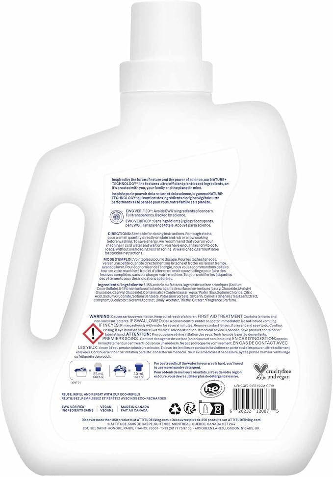 ATTITUDE Liquid Laundry Detergent, EWG Verified, HE Compatible, Plant-Based & Vegan, Natural Laundry Soap, Lavender Scent, 80 Loads, 67.6 Fl Oz